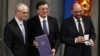 From left: European Council President Van Rompuy, European Commission President Barroso, and European Parliament President Schulz with the Nobel diploma, Oslo, Dec. 10, 2012.