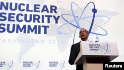 2016年4月1日美国总统奥巴马在华盛顿核安全峰会上讲话。