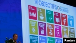 United Nations Secretary-General Ban Ki-Moon addresses the Annual Conference of Swiss Developement Cooperation in Zurich, Switzerland January 22, 2016. On the screen behind are displayed the 17 goals of UN's 2030 Agenda for Sustainable Development. …