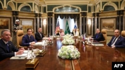 (L to R) US Middle East envoy Steve Witkoff, Secretary of State Marco Rubio, National Security Advisor Mike Waltz, Saudi Arabia's Foreign Minister Prince Faisal bin Farhan al-Saud, National Security Advisor Mosaad bin Mohammad al-Aiban, the Russian presid
