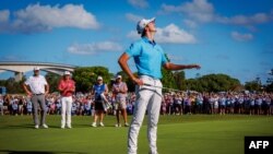 Elvis Smylie of Australia reacts after sinking his final putt to win the Australian PGA Championship at Royal Queensland Golf Club in Brisbane, Nov. 24, 2024. 