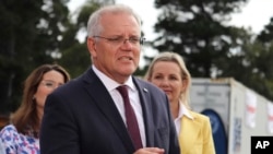 Waziri mkuu wa Australia Scott Morrison akizungumza na wanahabari Jumanne.