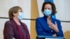 U.N. High Commissioner for Human Rights Michelle Bachelet speaks with the President of the Human Rights Council Elisabeth Tichy-Fisslberger during the 45th session of the Human Rights Council, at the European U.N. headquarters in Geneva, Sept. 14, 2020. 