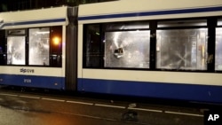This image taken from video shows a damaged tram in Amsterdam, Nov. 11, 2024, as the city is facing tensions following violence last week.