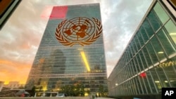 FILE - The United Nations headquarters building is seen from inside the General Assembly hall during the 76th Session of the UN General Assembly in New York, Sept. 21, 2021. 