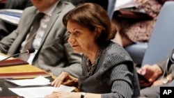 FILE - Rosemary DiCarlo, who then was deputy U.S. ambassador to the United Nations, speaks before the U.N. Security Council at U.N. headquarters, Aug. 5, 2014. On March 28, 2018, U.N. Secretary-General Antonio Guterres named DiCarlo U.N. undersecretary-general for political affairs.