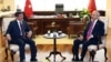Turkish Prime Minister Ahmet Davutoglu, left, and the leader of the main opposition Republican People's Party, CHP, Kemal Kilicdaroglu during a meeting in Ankara, Turkey, July 13. 2015. 