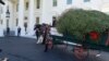 First Lady Melania Trump poses for a photo in front of the White House Christmas tree, after it arrived at the White House, Nov. 25, 2019. (Patsy Widakuswara/VOA) 