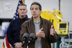 New York Gov. Andrew Cuomo speaks during a news conference alongside the National Guard at the Jacob Javits Center that will house a temporary hospital in response to the COVID-19 outbreak, in New York, March 23, 2020.
