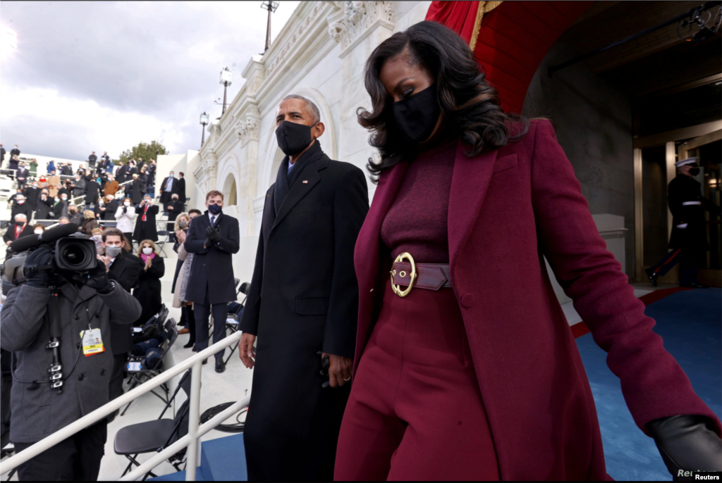 Rais wa zamani Barack Obama na mkewe Michelle Obama wakiwasili katika sherehe za kuapishwa Joe Biden kuwa Rais wa 46 wa Marekani.