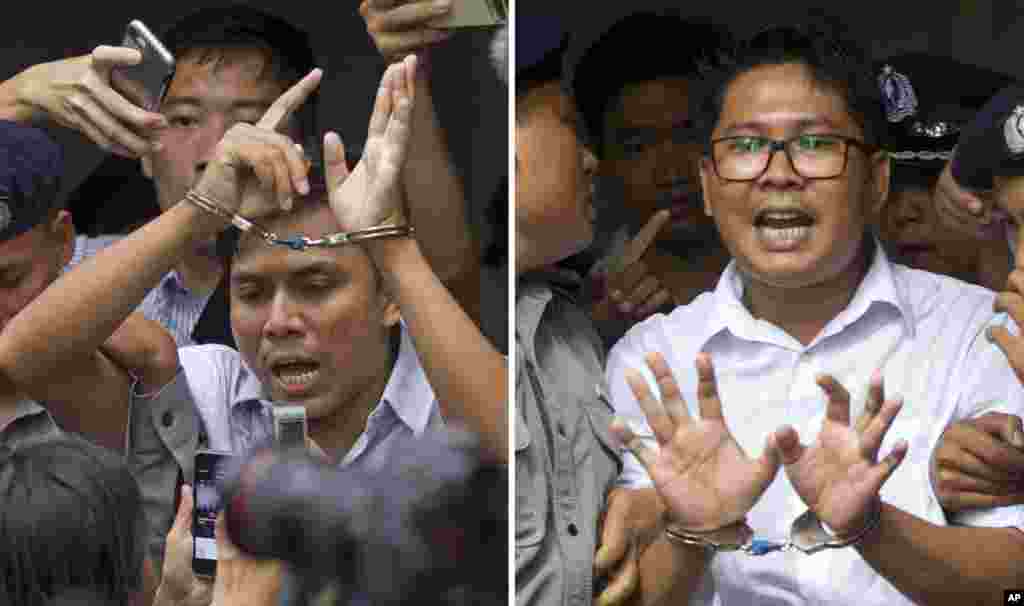អ្នកកាសែត Reuters លោក Kyaw Soe Oo (ឆ្វេង)និងលោក Wa Lone ត្រូវបានគេដាក់ខ្នោះដៃខណដែលពួកគេត្រូវប៉ូលិសបញ្ជូនទៅតុលាការក្នុងទីក្រុងរ៉ង់ហ្គូន ប្រទេសមីយ៉ាន់ម៉ា។ តុលាការកាត់ទោសអ្នកកាសែតទាំងពីរនាក់នេះឲ្យជាប់ពន្ធនាគារ៧ឆ្នាំ ពីបទរក្សាទុកឯកសារផ្លូវការខុសច្បាប់ ខណសហគមន៍អន្តរជាតិរិះគន់ ពីការរំលោភសិទ្ធិមនុស្សរបស់យោធាលើជនជាតិរ៉ូហ៊ីងយ៉ាកាន់សាសនាឥស្លាម។