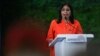 La vicepresidenta venezolana Delcy Rodríguez habla durante el foro parlamentario global contra el fascismo, en Caracas, el 5 de noviembre de 2024. (AFP)