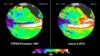 These false-color images provided by NASA satellites compare warm Pacific Ocean water temperatures from the strong El Nino that brought North America large amounts of rainfall in 1997, left, and the current El Nino as of Oct. 1, 2015, right.