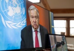 In this handout image released by the United Nations, UN Secretary-General Antonio Guterres holds a virtual press conference on April 3, 2020, at UN headquarters in New York.