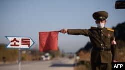FILE - A public security officer uses a red flag to stop a taxi for disinfection as part of preventative measures against the COVID-19 coronavirus, on a road at the entrance to Wonsan, Kangwon Province, North Korea, Oct. 29, 2020.